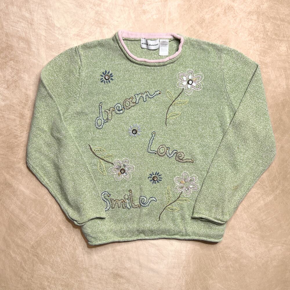 Vintage 90s Dream Love Smile Embroidered Sweater Floral Knit Teacher Kidcore